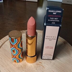 Gucci Matte Lipstick in Peachy Coral with Gold & Multicolor Geometric Tube